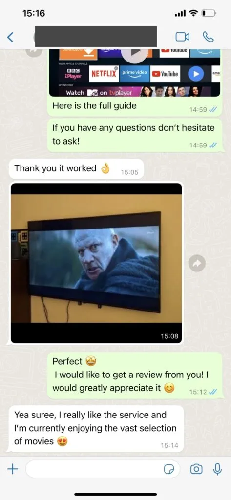 Vontv Customer Support WhatsApp Live Chat Testimonial Screenshot 1