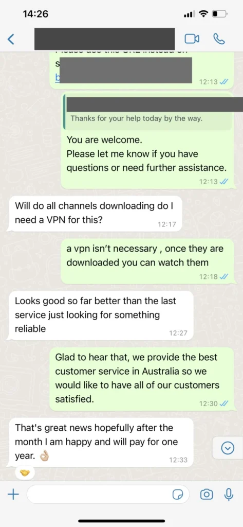 Vontv Customer Support WhatsApp Live Chat Testimonial Screenshot 3
